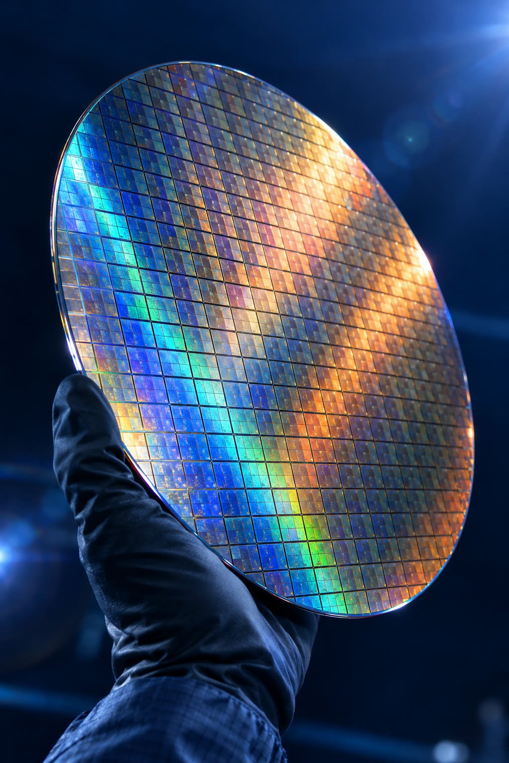 A 300 mm silicon wafer with hundreds of iridescent dies, held in a cleanroom glove